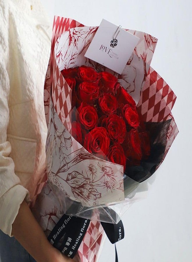 اويسيس أوراق تغليف باقات أواسيس - أوراق تغليف كورية مقاومة للماء لتنسيقات الزهور وسلال الهدايا والأعمال اليدوية - 20 ورقة، 58 × 58 سم، مطبوعة على الوجهين بنقشة زهور حمراء ومربعات - Image 3